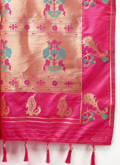 Pink Color Zari Woven Soft Paithani Silk Sarees With Rich Weaving Pallu with tassels.