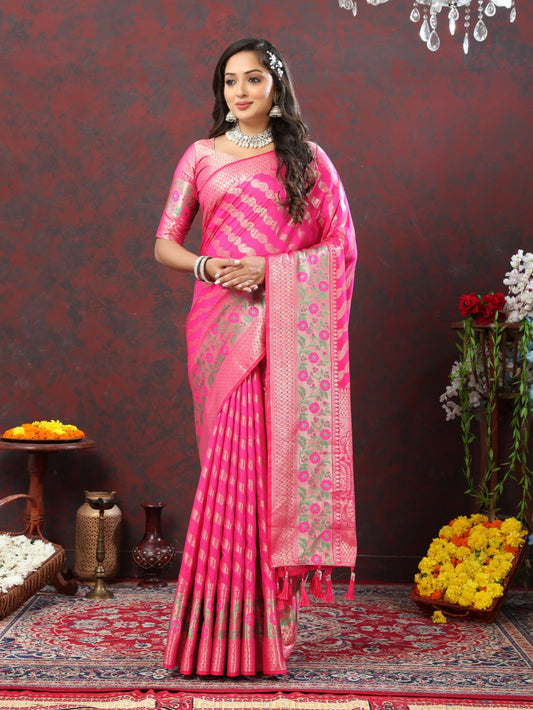 Pink Color Exclusive Soft Silk Zari Woven Work With Rich Pallu and Contrast Border With Tessels Women's Saree with Unstiched Blouse Pieces.