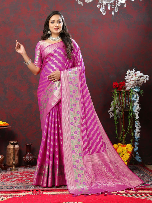 Purple Color Exclusive Soft Silk Zari Woven Work With Rich Pallu and Contrast Border With Tessels Women's Saree with Unstiched Blouse Pieces.