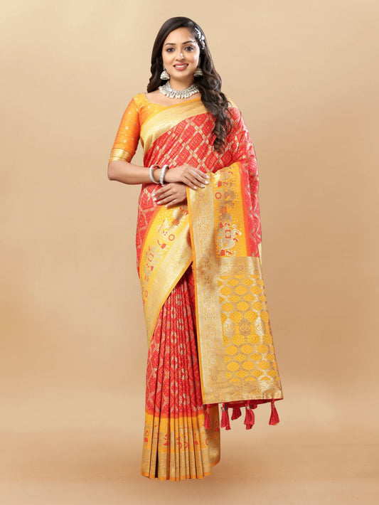 Red & Yellow Color Women's Soft Bandhani Printed Patola Silk meenakari weawing motifs with Rich Zari Pallu and contrast border with Tessels.