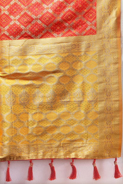 Red & Yellow Color Women's Soft Bandhani Printed Patola Silk meenakari weawing motifs with Rich Zari Pallu and contrast border with Tessels.