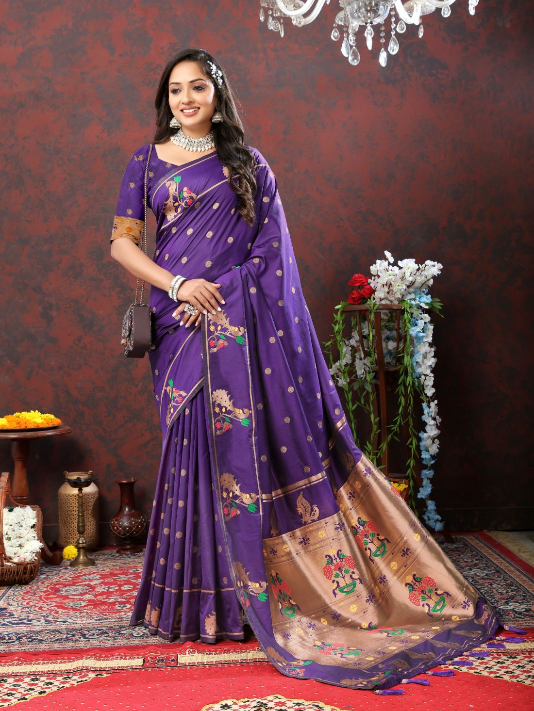 Nevy Blue Color Zari Woven Soft Paithani Silk Sarees With Rich Weaving Pallu with tassels.