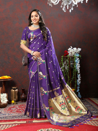 Dark Purple Color Golden Zari Woven Soft Paithani Silk Sarees With Rich Weaving Pallu with tassels.