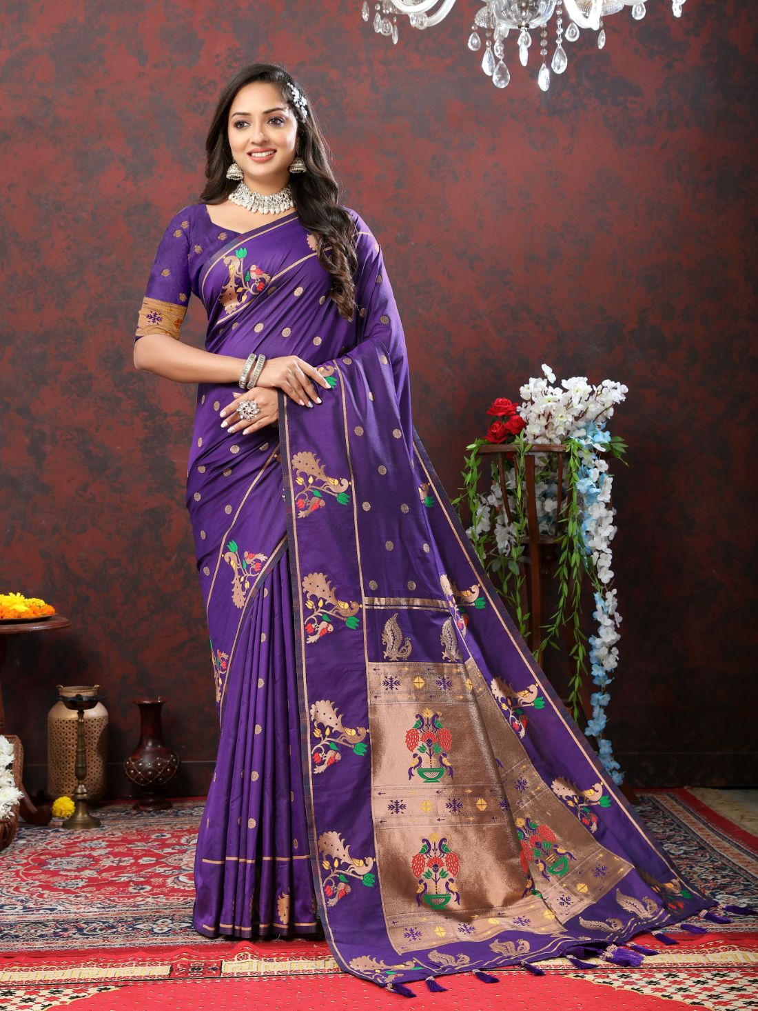 Nevy Blue Color Zari Woven Soft Paithani Silk Sarees With Rich Weaving Pallu with tassels.