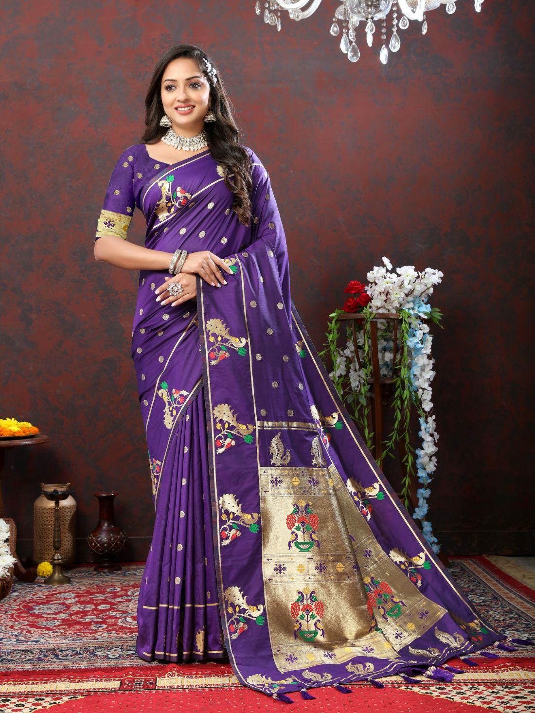 Dark Purple Color Golden Zari Woven Soft Paithani Silk Sarees With Rich Weaving Pallu with tassels.