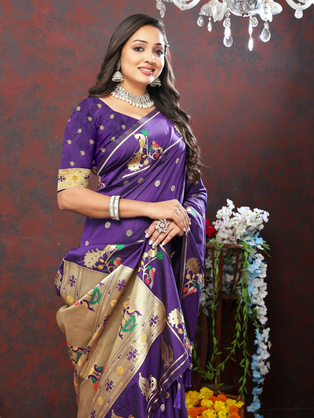 Dark Purple Color Golden Zari Woven Soft Paithani Silk Sarees With Rich Weaving Pallu with tassels.