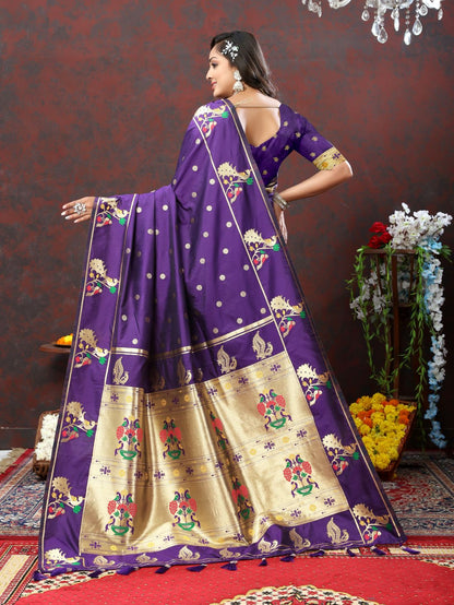 Dark Purple Color Golden Zari Woven Soft Paithani Silk Sarees With Rich Weaving Pallu with tassels.