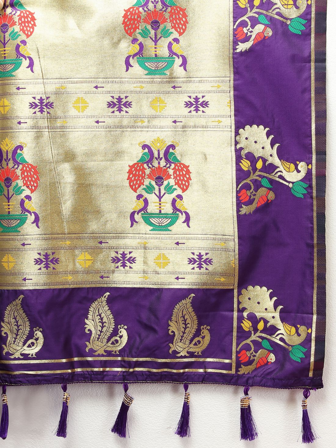 Dark Purple Color Golden Zari Woven Soft Paithani Silk Sarees With Rich Weaving Pallu with tassels.