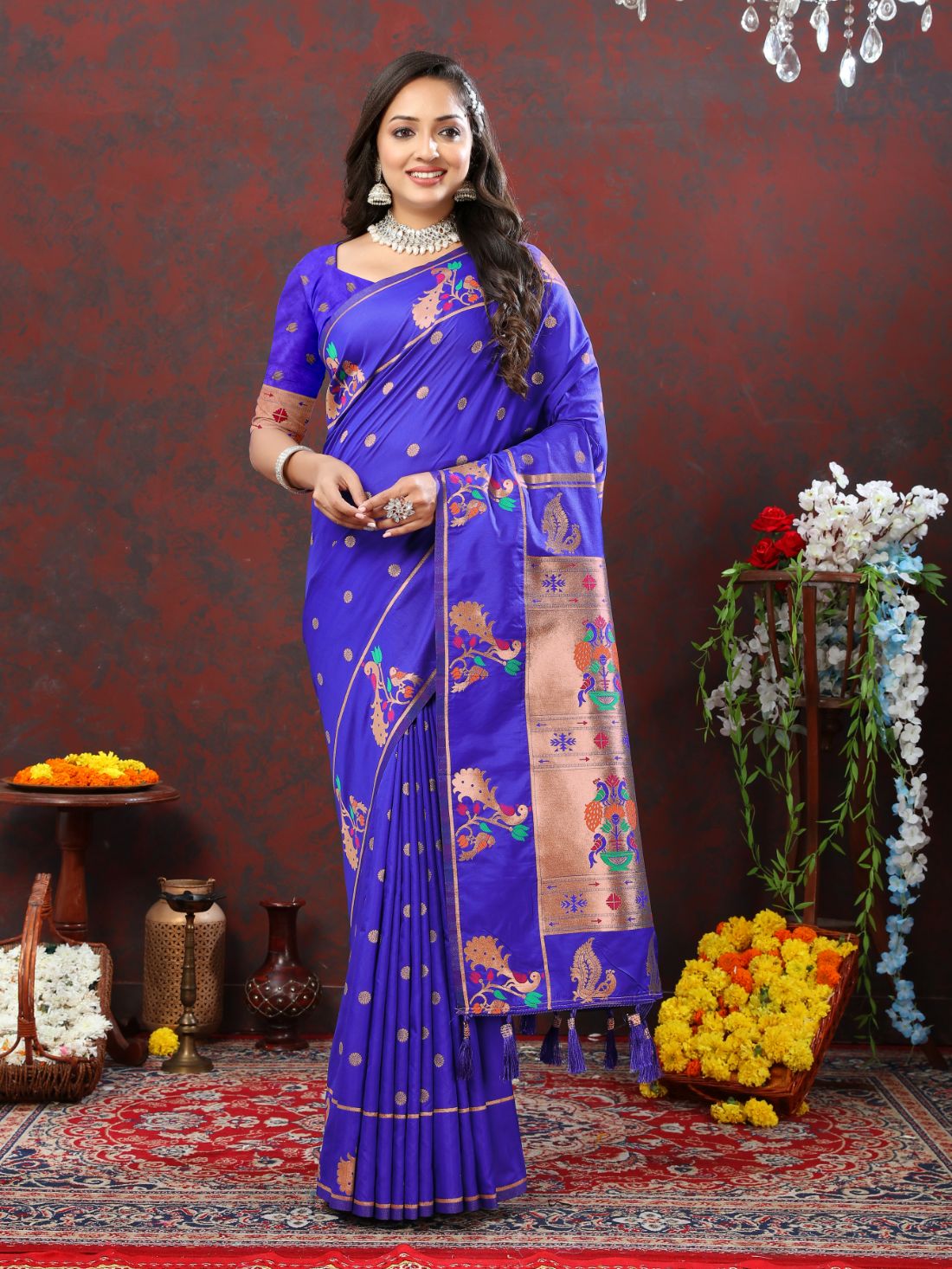 Royal Blue Color Zari Woven Soft Paithani Silk Sarees With Rich Weaving Pallu with tassels.