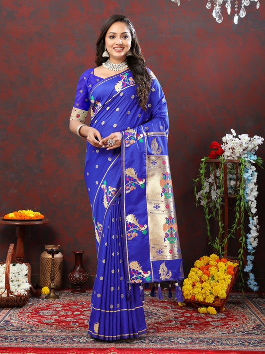 Royal Blue Color Golden Zari Woven Soft Paithani Silk Sarees With Rich Weaving Pallu with tassels.