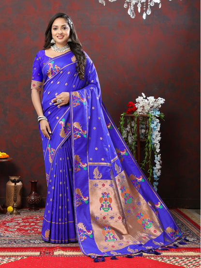 Royal Blue Color Zari Woven Soft Paithani Silk Sarees With Rich Weaving Pallu with tassels.