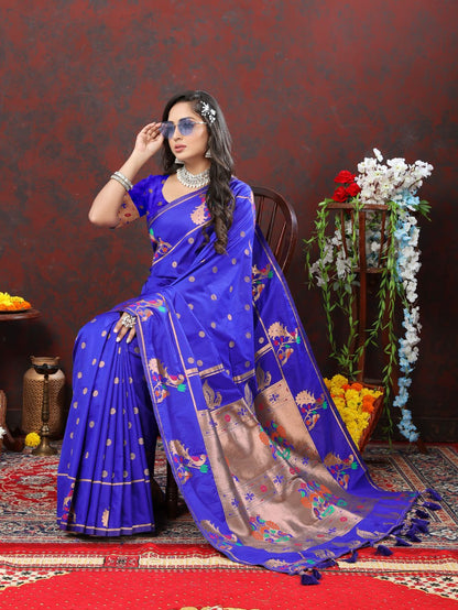 Royal Blue Color Zari Woven Soft Paithani Silk Sarees With Rich Weaving Pallu with tassels.