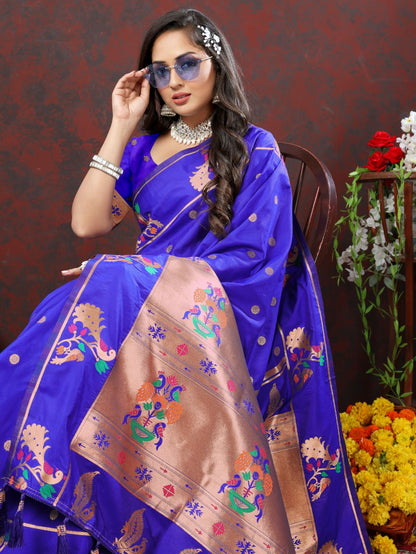 Royal Blue Color Zari Woven Soft Paithani Silk Sarees With Rich Weaving Pallu with tassels.