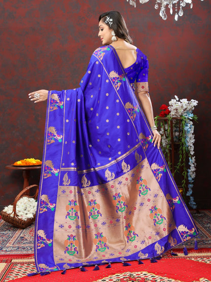 Royal Blue Color Zari Woven Soft Paithani Silk Sarees With Rich Weaving Pallu with tassels.