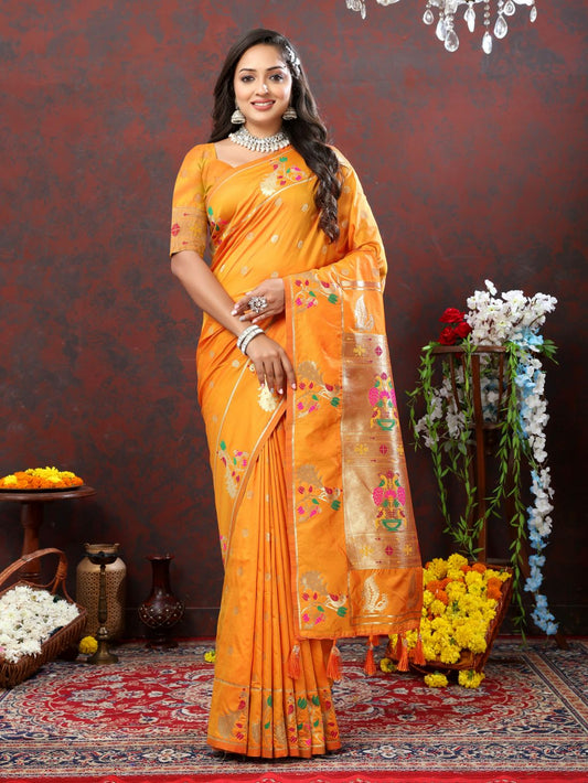 Orange Color Golden Zari Woven Soft Paithani Silk Sarees With Rich Weaving Pallu with tassels.