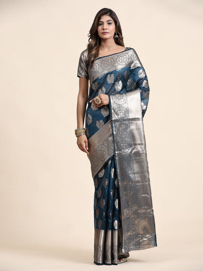 Nevy Blue Color Women’s Zari Woven Designer Soft Organza Silk Saree and Rich Pallu Weawing Unstitched Blouse With Blouse Piece.