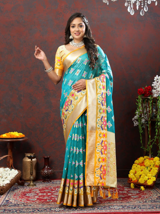 Light Blue & Yellow Color Women’s Zari Woven Designer Soft Organza Silk Saree and Rich Pallu Weawing Unstitched Blouse With Blouse Piece.