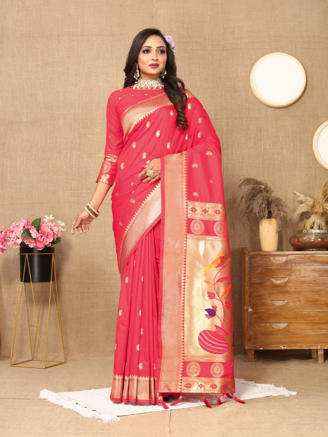 Pink Color Zari Woven Soft Paithani Silk Sarees With Rich Weaving Pallu with tassels.