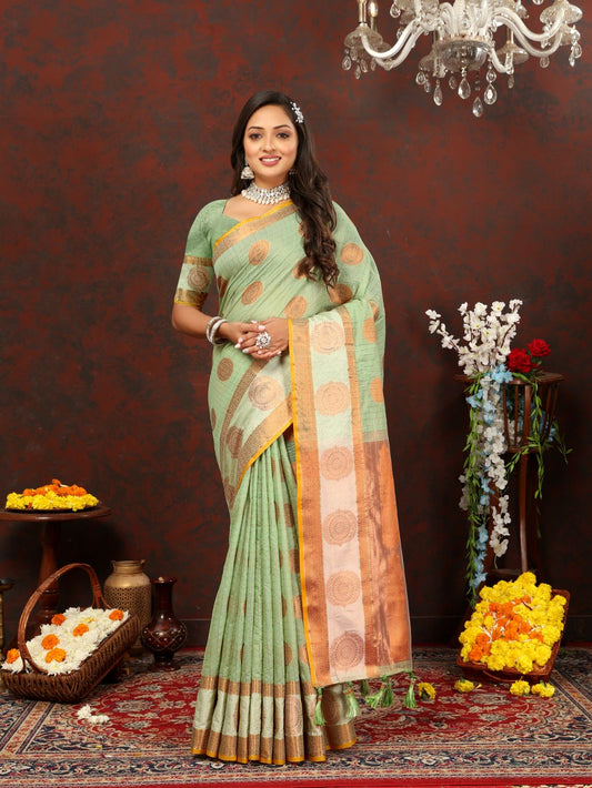 Light Green Soft Cotton Silk Saree With Zari  Weawing Design  And Rich Zari Weawing Pallu With Contrast Border & Tessels Attach In Pallu With Unstiched Blouse Pieces.