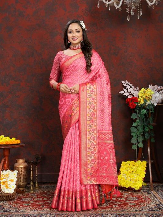 Light Pink & Red Color Women’s Zari Woven Designer Soft Organza Silk Saree and Rich Pallu Weawing Unstitched Blouse With Blouse Piece.