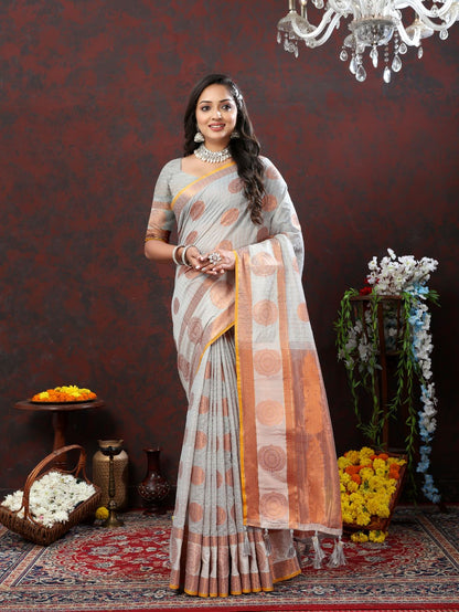 Grey Soft Cotton Silk Saree With Zari  Weawing Design  And Rich Zari Weawing Pallu With Contrast Border & Tessels Attach In Pallu With Unstiched Blouse Pieces