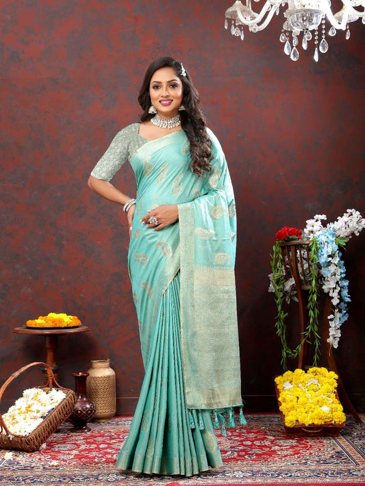 Light Blue Soft Cotton Silk Saree With Zari  Weawing Design  And Rich Zari Weawing Pallu With Contrast Border & Tessels Attach In Pallu With Unstiched Blouse Pieces.