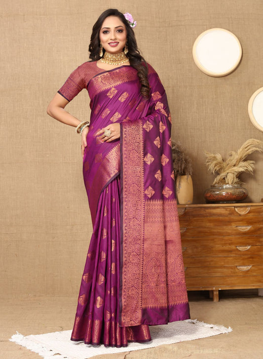 Purple Color Soft  katan silk saree with copper zari weawing design and Rich Zari weawing Pallu with Unstiched Blouse piece