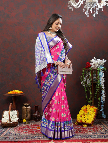 Pink & Blue Color Women’s Zari Woven Designer Soft Organza Silk Saree and Rich Pallu Weawing Unstitched Blouse With Blouse Piece.