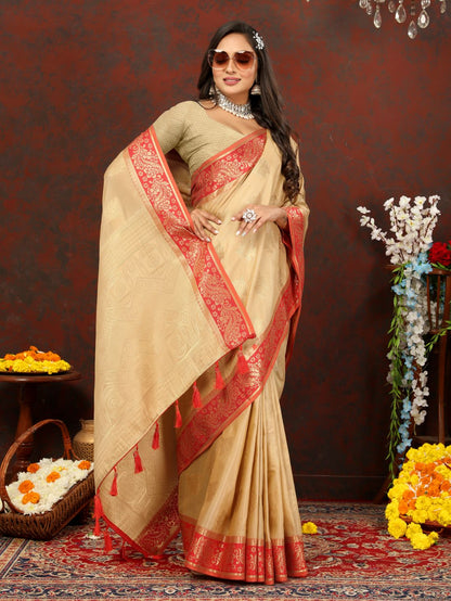 Cream Soft Cotton Silk Saree With Zari  Weawing Design  And Rich Zari Weawing Pallu With Contrast Border & Tessels Attach In Pallu With Unstiched Blouse Pieces.