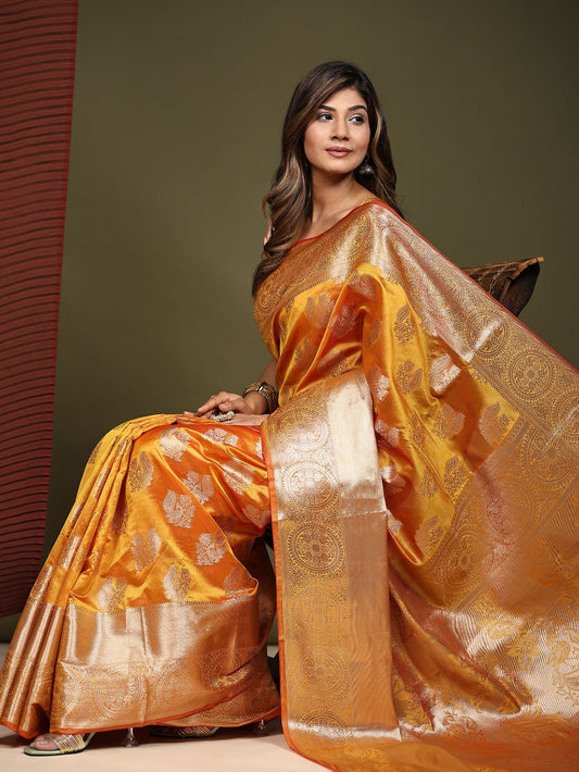 Mustered Color Women’s Zari Woven Designer Soft Organza Silk Saree and Rich Pallu Weawing Unstitched Blouse With Blouse Piece.