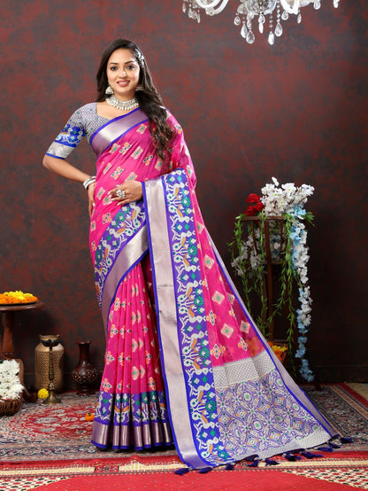 Pink & Blue Color Women’s Zari Woven Designer Soft Organza Silk Saree and Rich Pallu Weawing Unstitched Blouse With Blouse Piece.