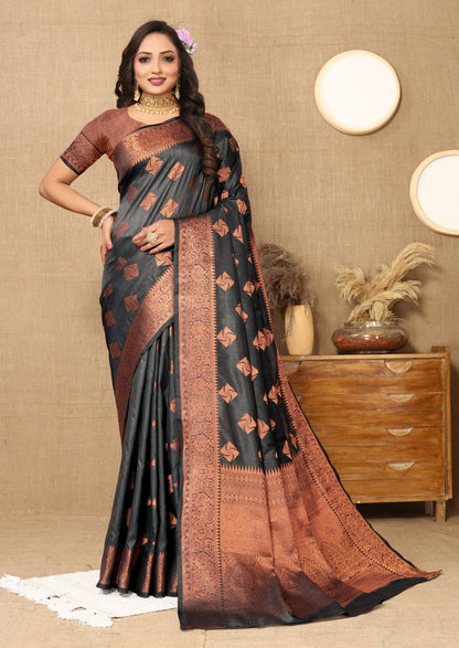 Black Color Soft  katan silk saree with copper zari weawing design and Rich Zari weawing Pallu with Unstiched Blouse piece