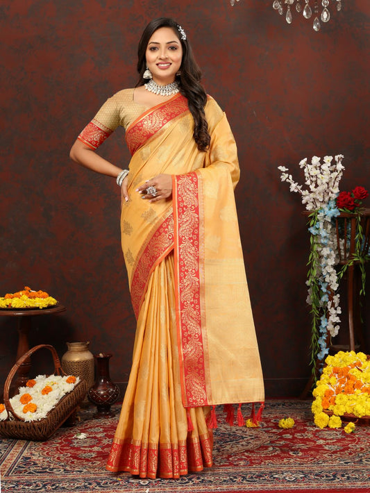 Orange Soft Cotton Silk Saree with Zari  Weawing Design  and Rich Zari Weawing Pallu with Contrast Border & Tessels attach in Pallu with Unstiched Blouse Pieces.