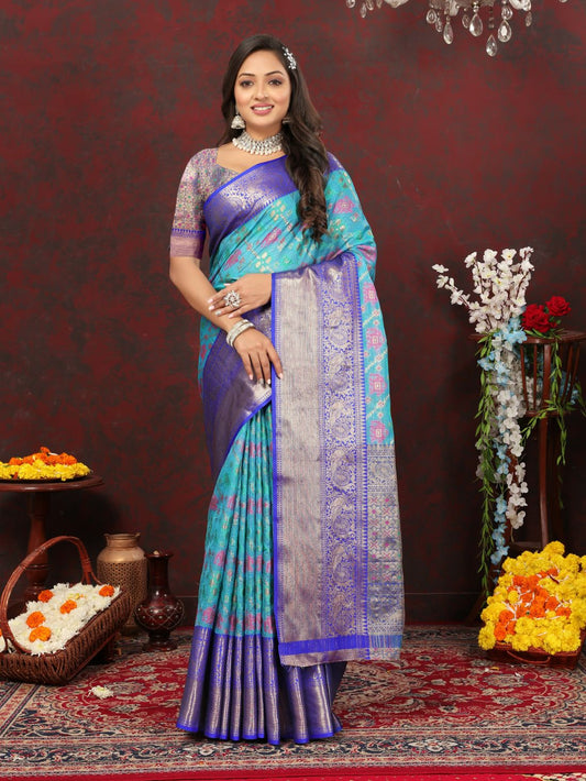 Light Blue Color Soft Cotton Silk Saree With Meenakari  Weawing Design  And Rich Zari Weawing Pallu And Contras  Border With Unstiched Blouse Piease.