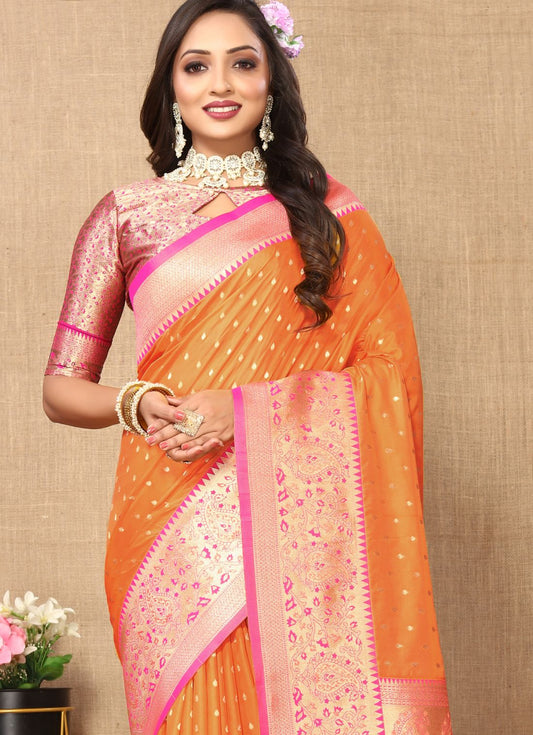 Orange Color Exclusive Soft Silk Zari Woven Work With Rich Pallu and Contrast Border With Tessels Women's Saree with Unstiched Blouse Pieces