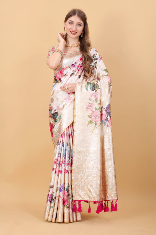 Soft   silk saree with beautiful Flowery  Digital  Print all over the saree   and Rich Zari weawing Pallu with  zari  weawing border & Tessels attach at Pallu end  , Blouse :- Silk weawing Blouse piece