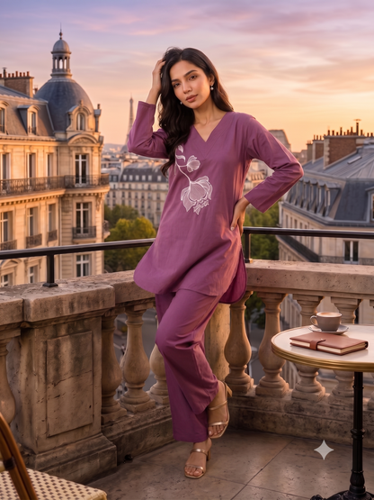 Women's Mauve Floral Printed Cotton Night Suit Set | V-Neck Full Sleeve Lounge Wear