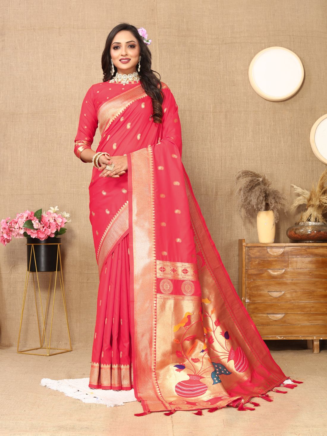 Pink Color Zari Woven Soft Paithani Silk Sarees With Rich Weaving Pallu with tassels.