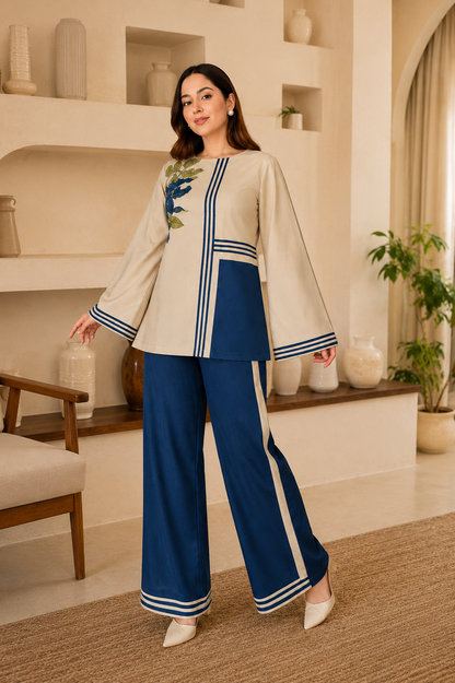 Women's Beige & Navy Blue Floral Co-Ord Set | Elegant Casual Wear