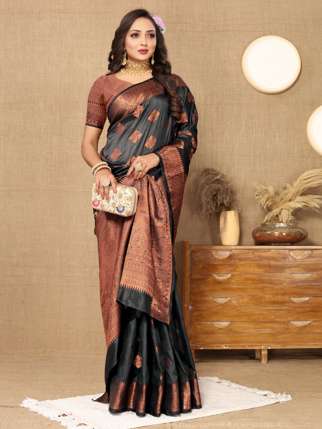 Black Color Soft  katan silk saree with copper zari weawing design and Rich Zari weawing Pallu with Unstiched Blouse piece