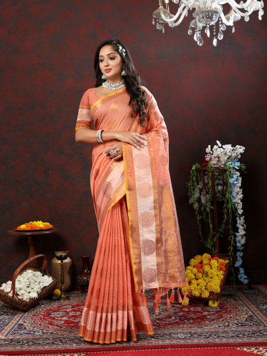 Orange Soft Cotton Silk Saree With Zari  Weawing Design  And Rich Zari Weawing Pallu With Contrast Border & Tessels Attach In Pallu With Unstiched Blouse Pieces.