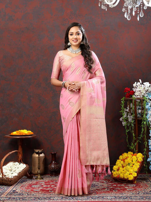 Pink Soft Cotton Silk Saree With Zari  Weawing Design  And Rich Zari Weawing Pallu With Contrast Border & Tessels Attach In Pallu With Unstiched Blouse Pieces.