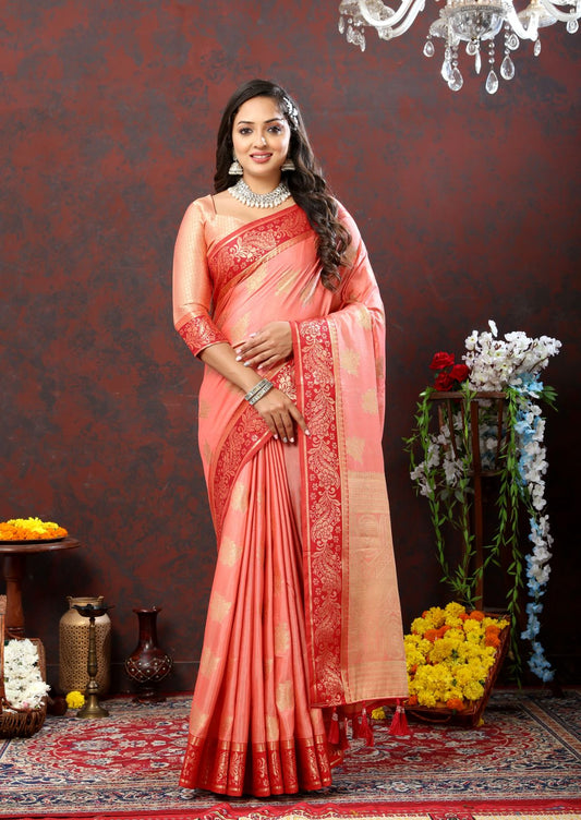 Peach Soft Cotton Silk Saree with Zari  Weawing Design  and Rich Zari Weawing Pallu with Contrast Border & Tessels attach in Pallu with Unstiched Blouse Pieces.