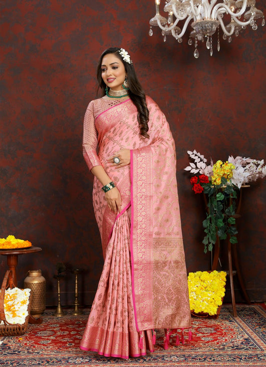 Pink Color Soft katan silk saree with copper zari weawing design and Rich Zari weawing Pallu with Unstiched Blouse piece.