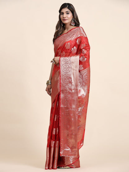 Red Color Women’s Zari Woven Designer Soft Organza Silk Saree and Rich Pallu Weawing Unstitched Blouse With Blouse Piece.