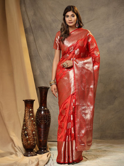 Red Color Women’s Zari Woven Designer Soft Organza Silk Saree and Rich Pallu Weawing Unstitched Blouse With Blouse Piece.