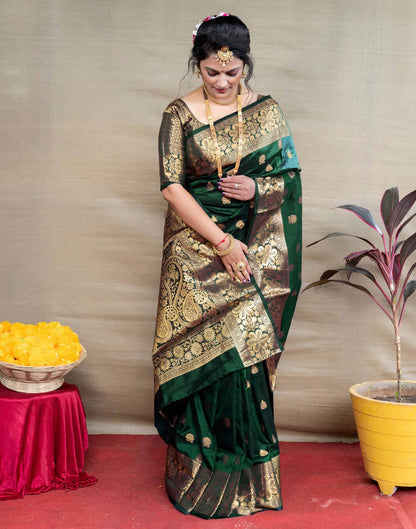 KeKoVi Dark Bottle Green Banarasi Silk Blend Saree with Rich Gold Zari Woven Border & Unstitched Blouse