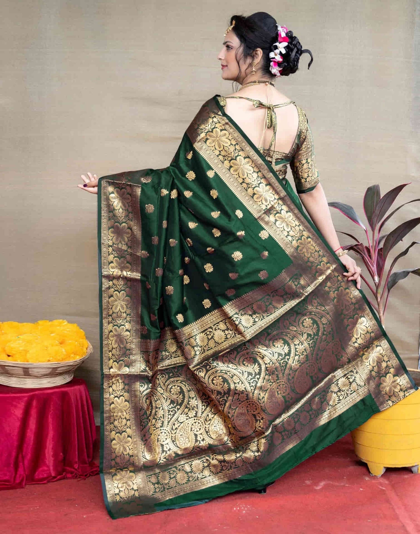 KeKoVi Dark Bottle Green Banarasi Silk Blend Saree with Rich Gold Zari Woven Border & Unstitched Blouse