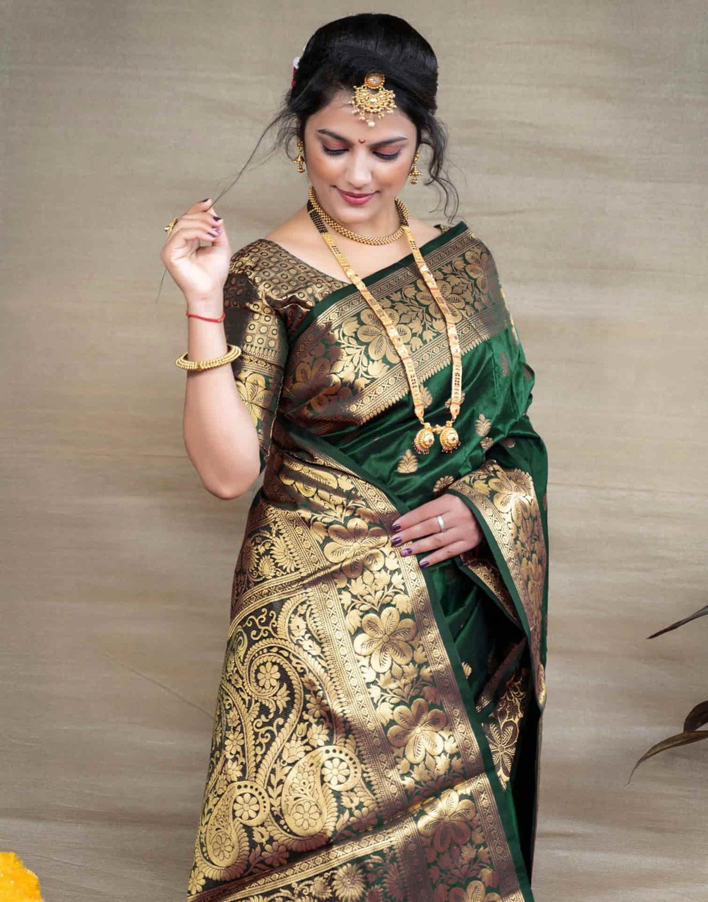KeKoVi Dark Bottle Green Banarasi Silk Blend Saree with Rich Gold Zari Woven Border & Unstitched Blouse