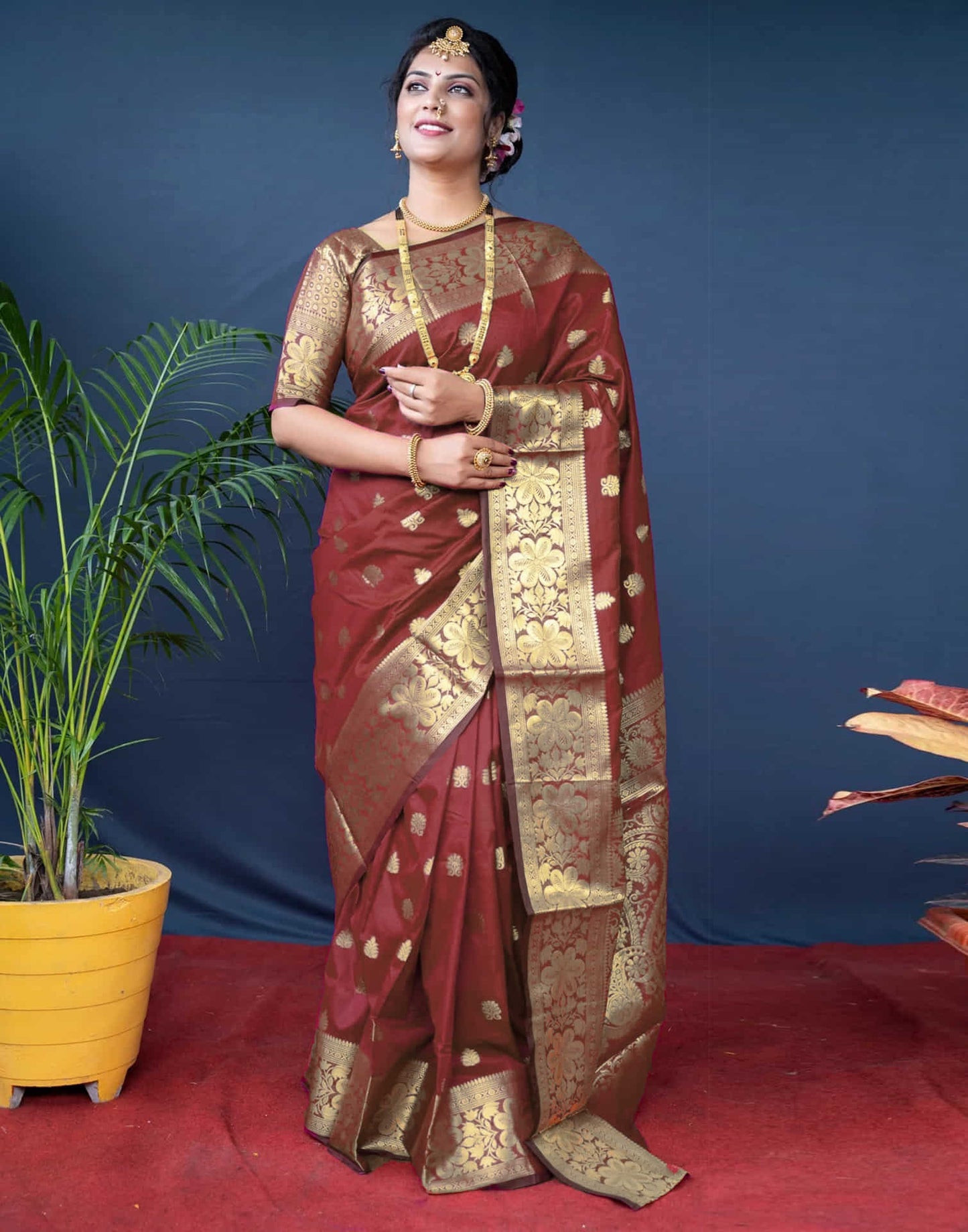 KeKoVi Dark Bottle Green Banarasi Silk Blend Saree with Rich Gold Zari Woven Border & Unstitched Blouse